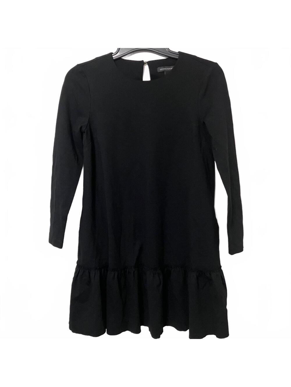 Banana Republic Minimalist Romantic Goth Black Long Sleeve Ruffle Hem Dress 4